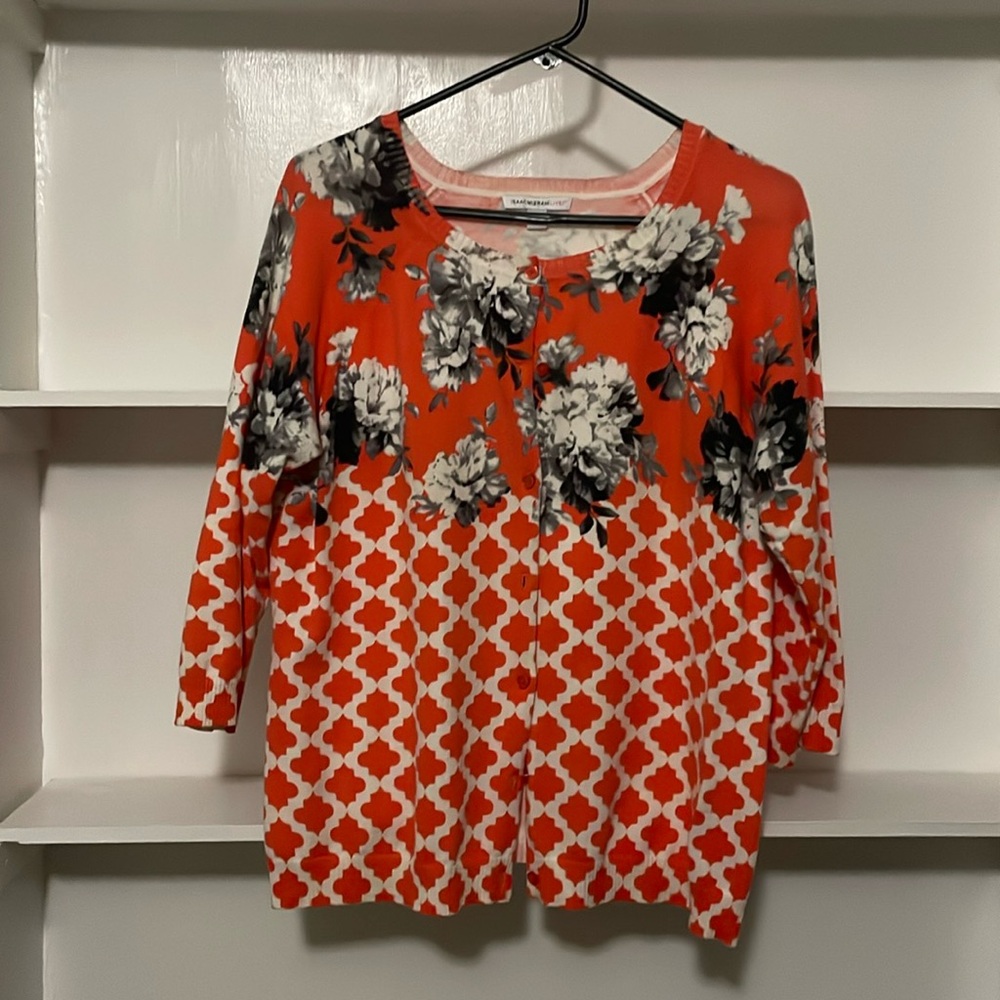 Multi pattern Isaac Mizrahi Live Orange/floral Cardigan Women’s Sweater